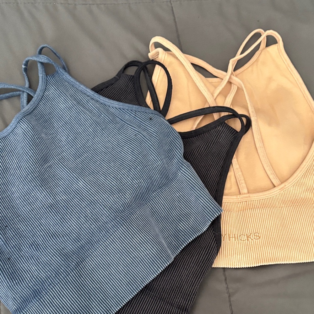 GILLY HICKS Set of Three Strappy Sports Bras - Blue, Black, Beige - Picture 3 of 3